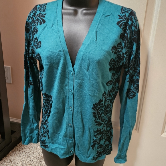 New York & Company V-Neck Sweater in Teal and Black With Feathered Detail - Picture 5 of 11